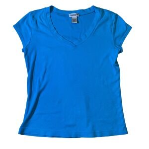 Chico's V-Neck T-Shirt Short Sleeve Casual Everyday Top Blue Size 0‎